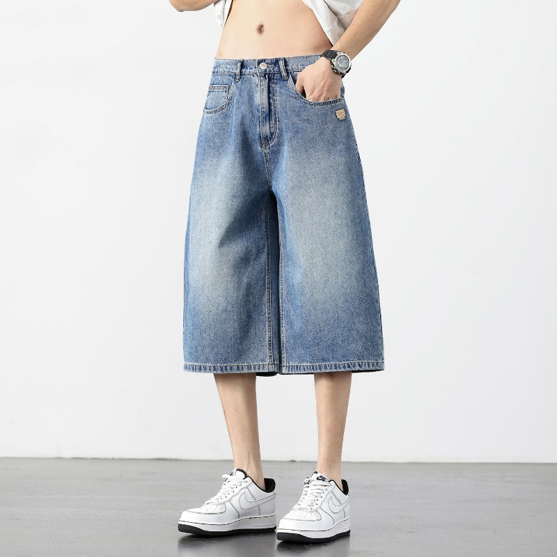 Retro Vintage Korean Fashion - Jeans Corti in Denim Vintage Americano