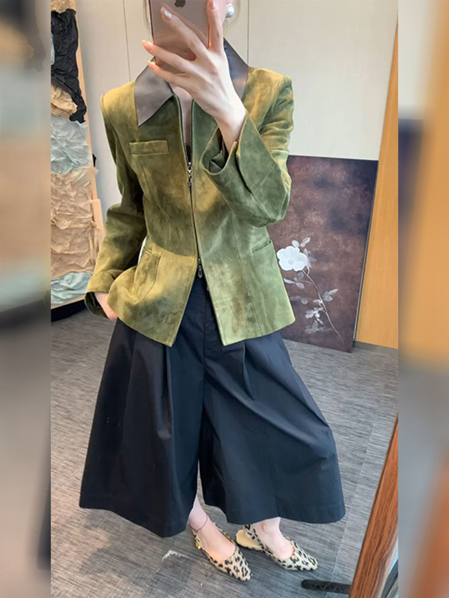 Retro Vintage Korean Fashion - Giacca in Camoscio Verde Stile Retrò,