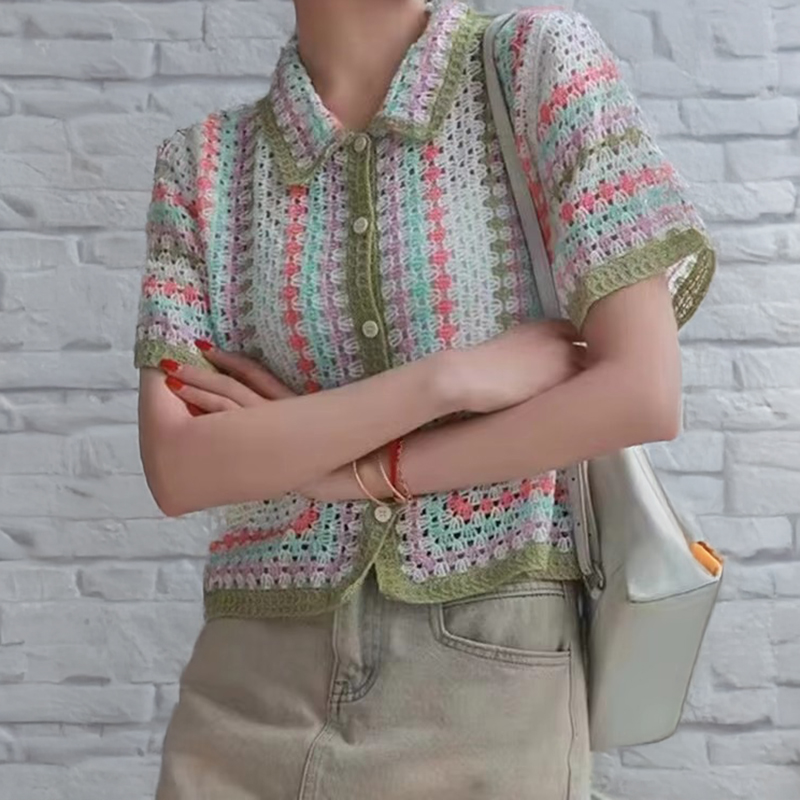 Crochet Top Boho - Camicia all'Uncinetto con Bottoni per Donne,