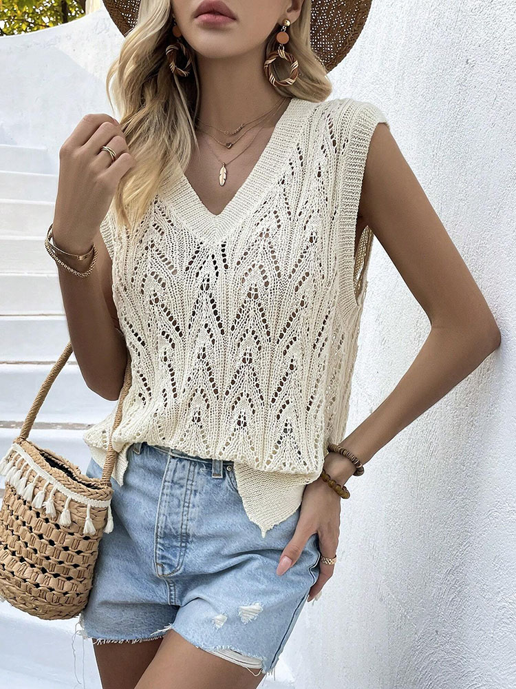 Crochet Top Boho - Top da donna beige all'uncinetto con