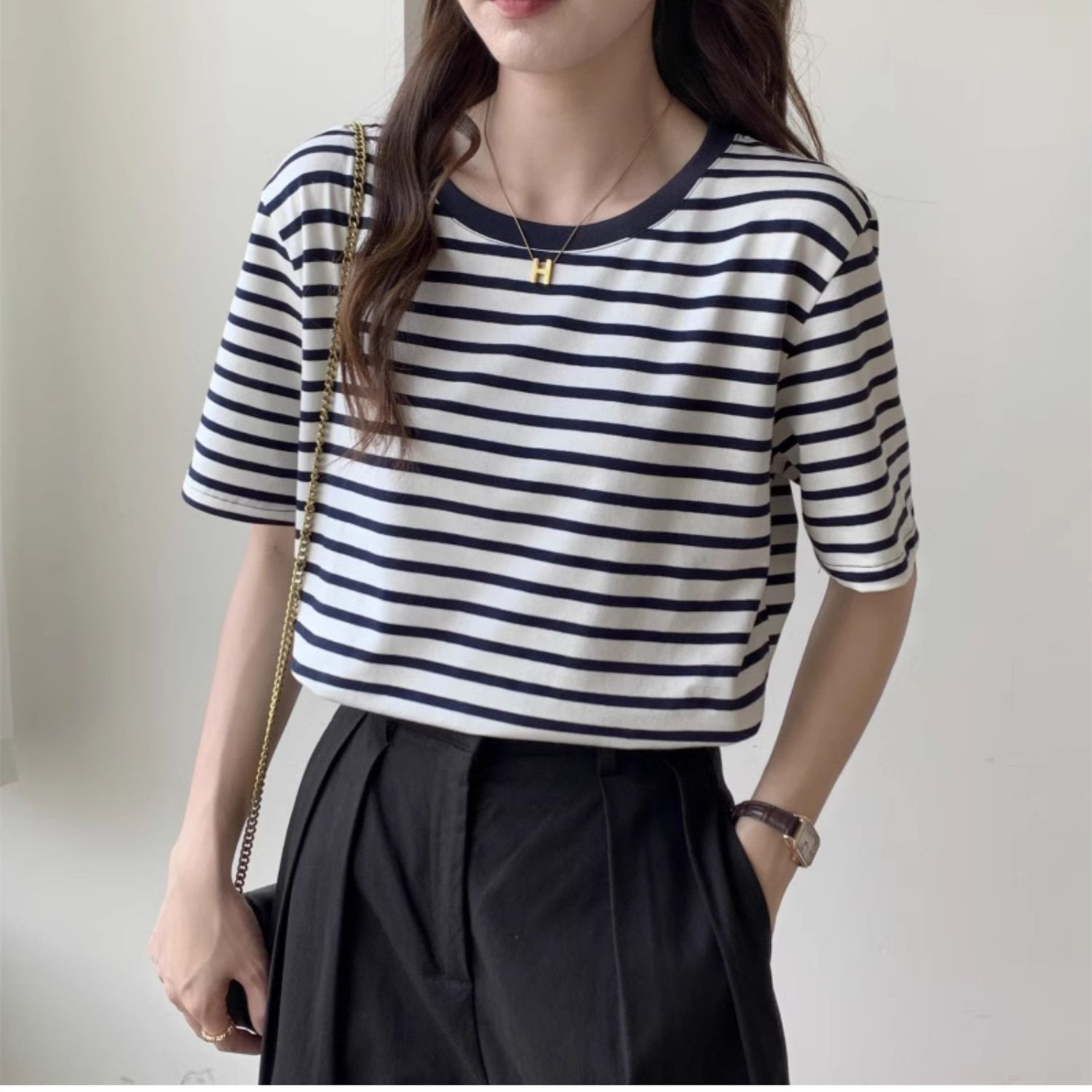 Retro Vintage Korean Fashion - T-shirt a Righe Vintage da Donna,