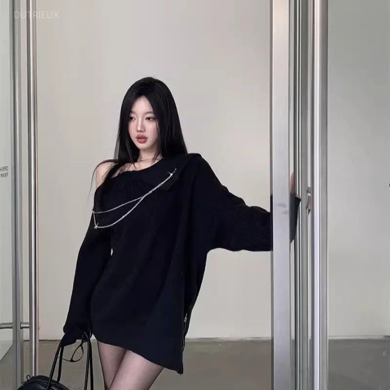 Retro Vintage Korean Fashion - Maglioni Lunghi Y2K con Catene, Stile