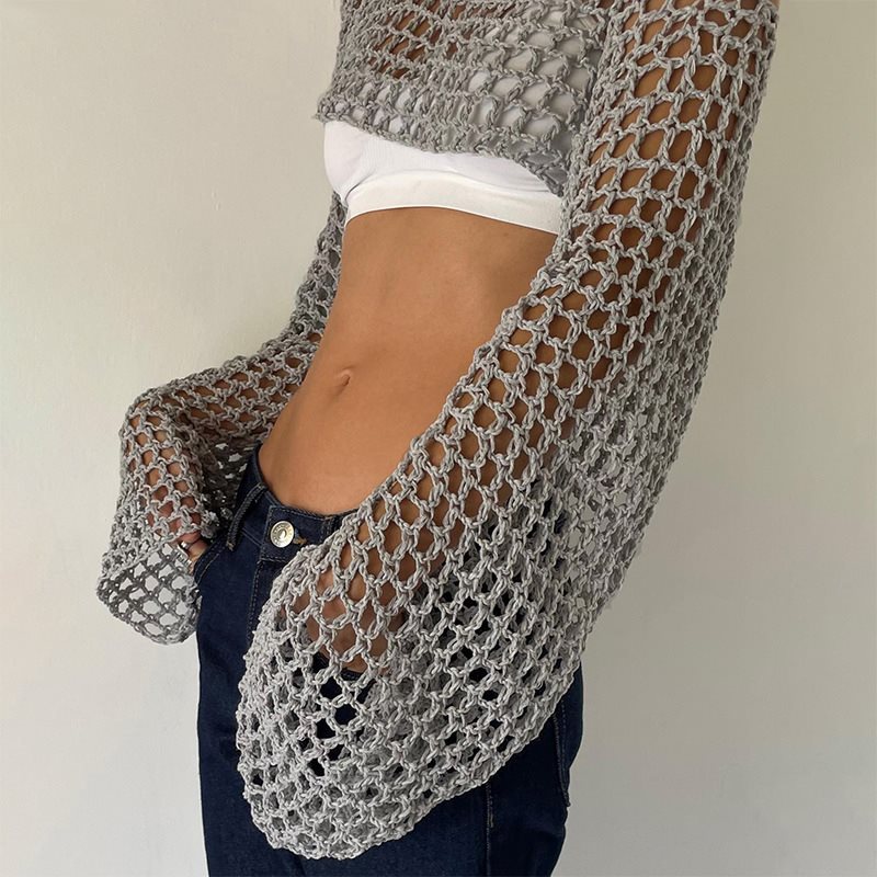 Crochet Top Boho - Top corto all'uncinetto a maniche lunghe