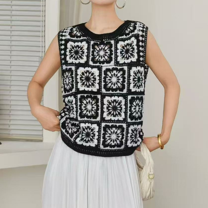 Crochet Top Boho - Top all'uncinetto Granny Square senza maniche,